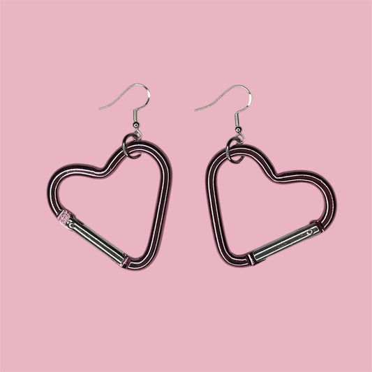 Carabiner heart earrings, orange, silver and pink LGBTQ+ dangle drop sterling silver plated