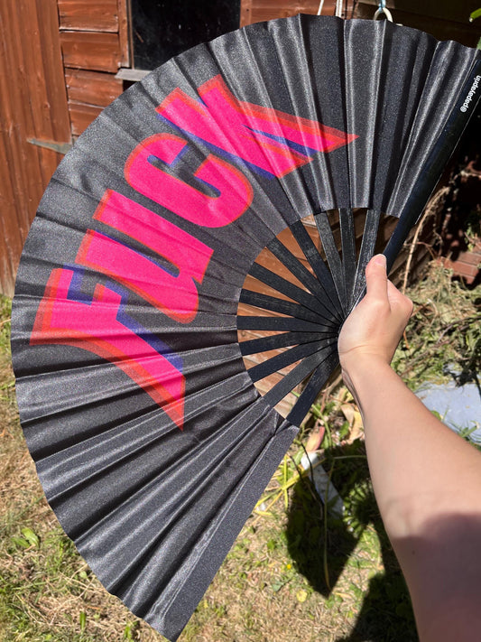 Huge colourful fuck clacker fan for raving, pride, or fanning yourself whilst you have a panic attack